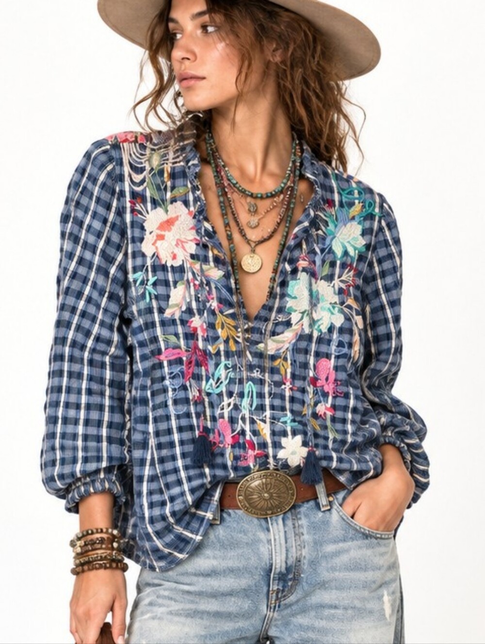 Johnny Was Workshop Nico Silk Scarf Backed Plaid Embroidered Top